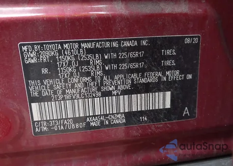 2020 Toyota Rav4 Xle из США, поврежденный, VIN 2T3P1RFV9LC132498